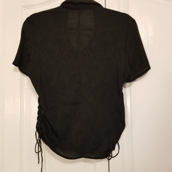 Vintage Sheer Textured Paisley Jacquard Cropped Black Button up Rouched Shirt - Picture 7 of 10
